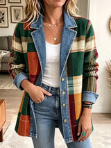 Claire – Veste en jean rétro à imprimé artistique à carreaux