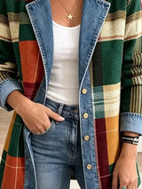 Claire – Veste en jean rétro à imprimé artistique à carreaux