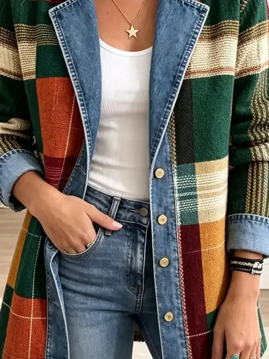 Claire – Veste en jean rétro à imprimé artistique à carreaux
