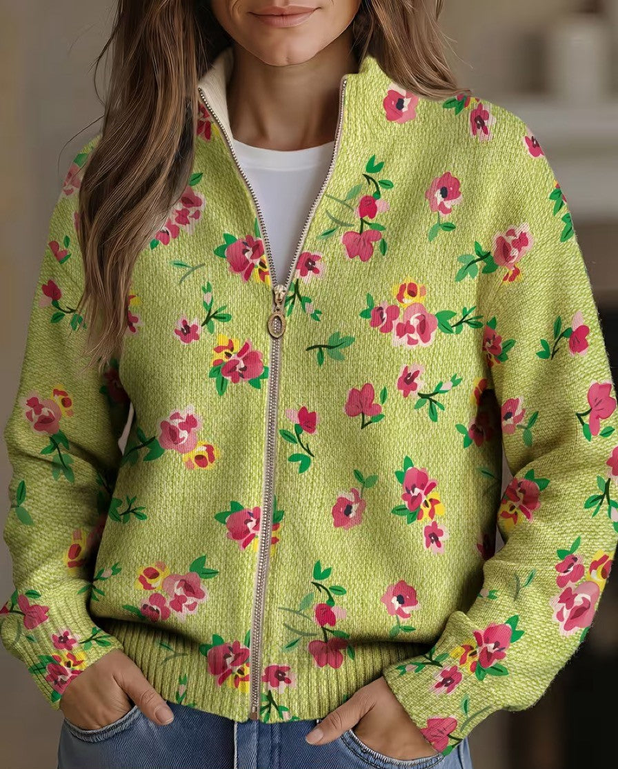 Laure - Cardigan zippé vert citron à fleurs roses