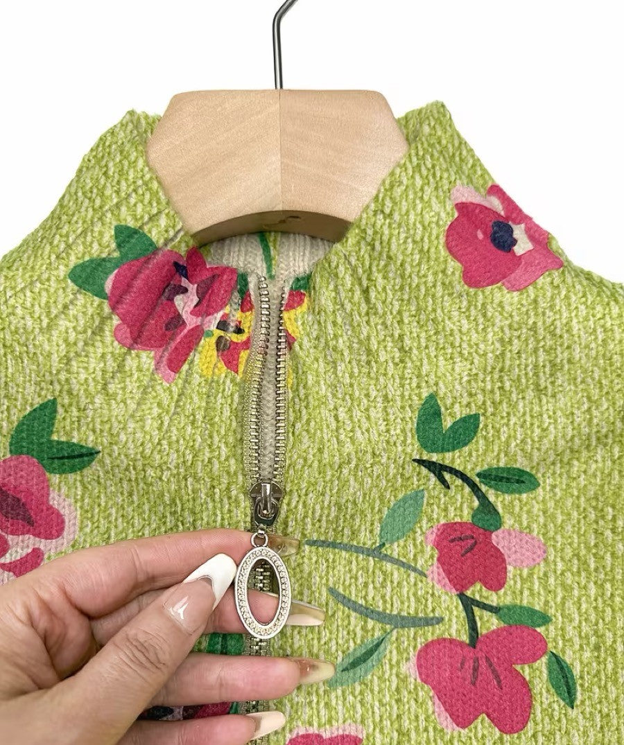 Laure - Cardigan zippé vert citron à fleurs roses