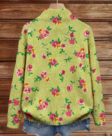 Laure - Cardigan zippé vert citron à fleurs roses