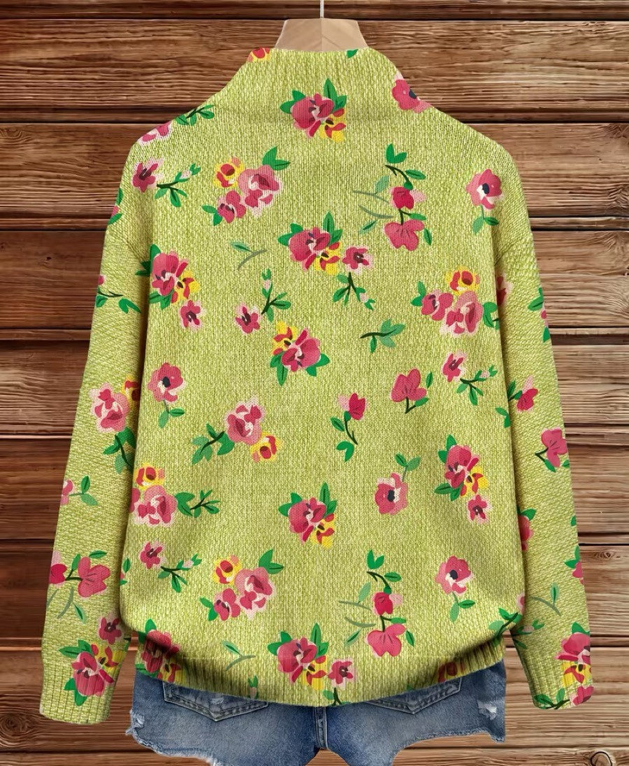 Laure - Cardigan zippé vert citron à fleurs roses