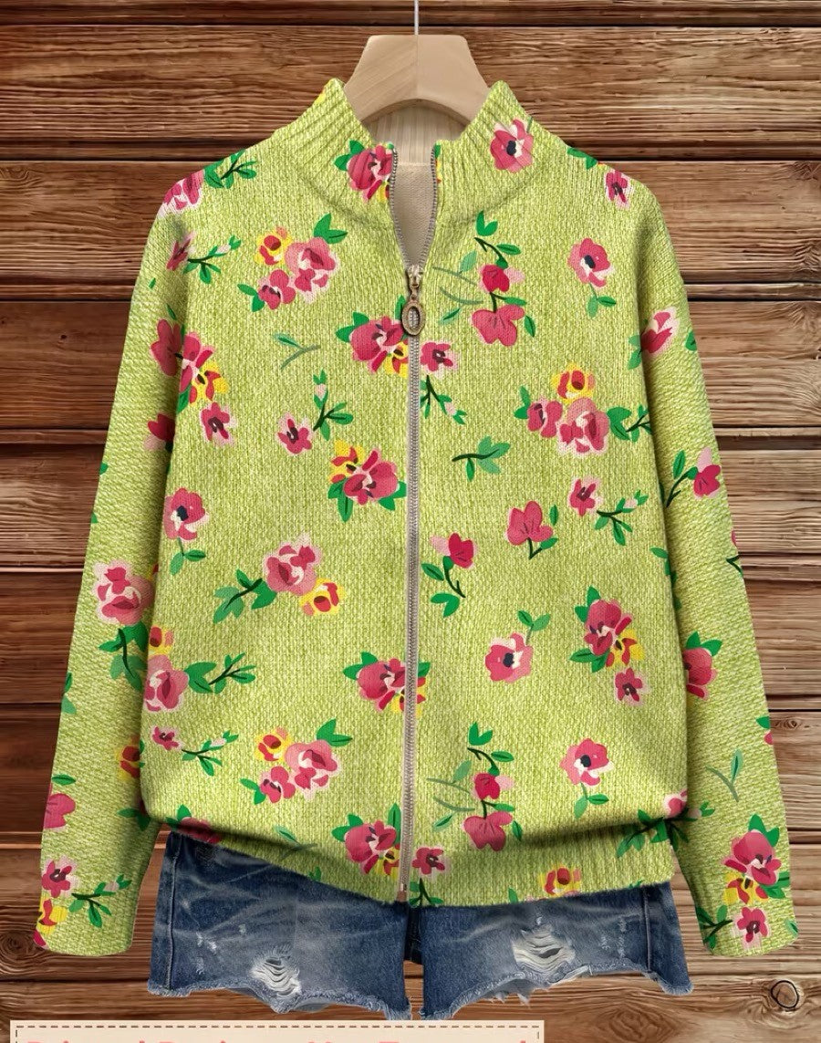 Laure - Cardigan zippé vert citron à fleurs roses
