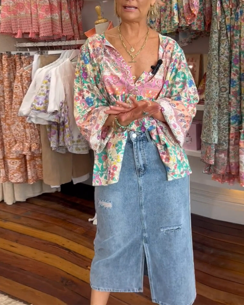 Blouse décontractée à imprimé floral coloré