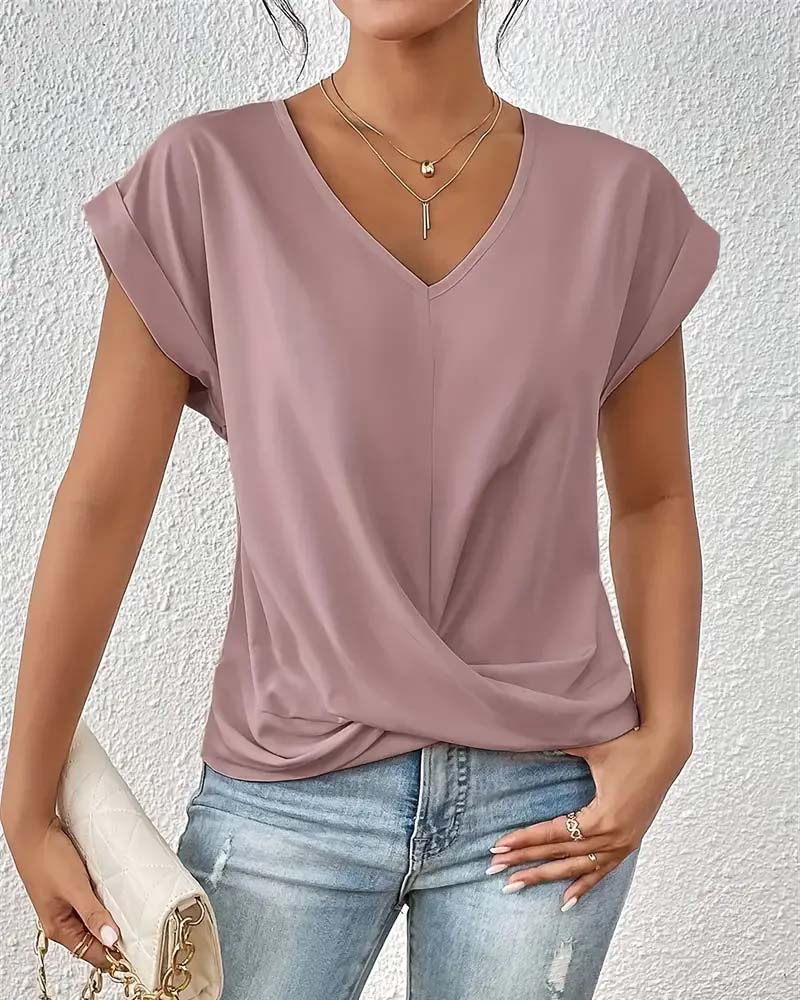 T-shirt Col V Uni Élégant à Manches Courtes