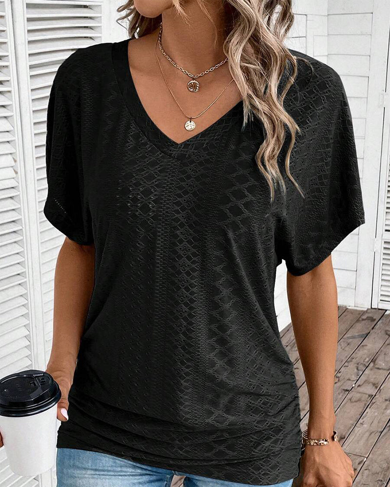 T-shirt Col V Uni Décontracté