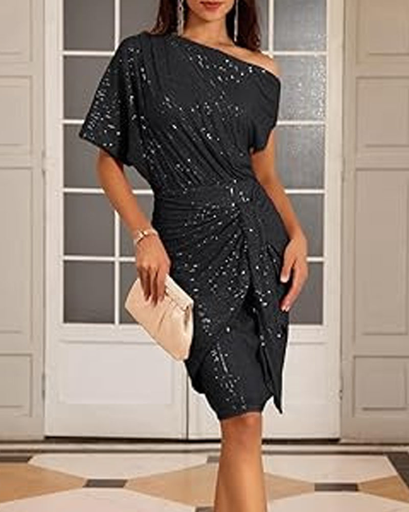 Robe élégante à paillettes avec col en V et épaules dénudées