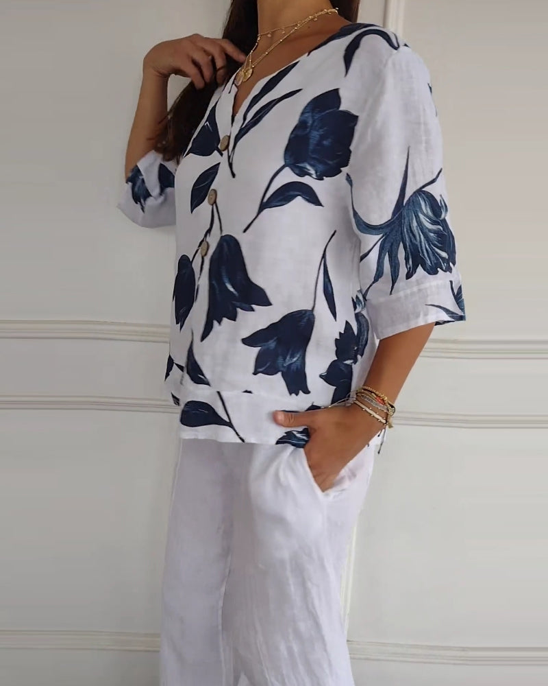 Haut boutonné en coton et lin imprimé fleuri