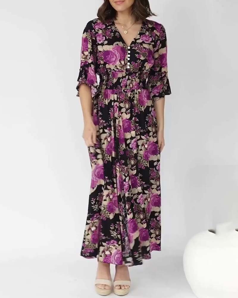 Robe longue à col en V à imprimé floral
