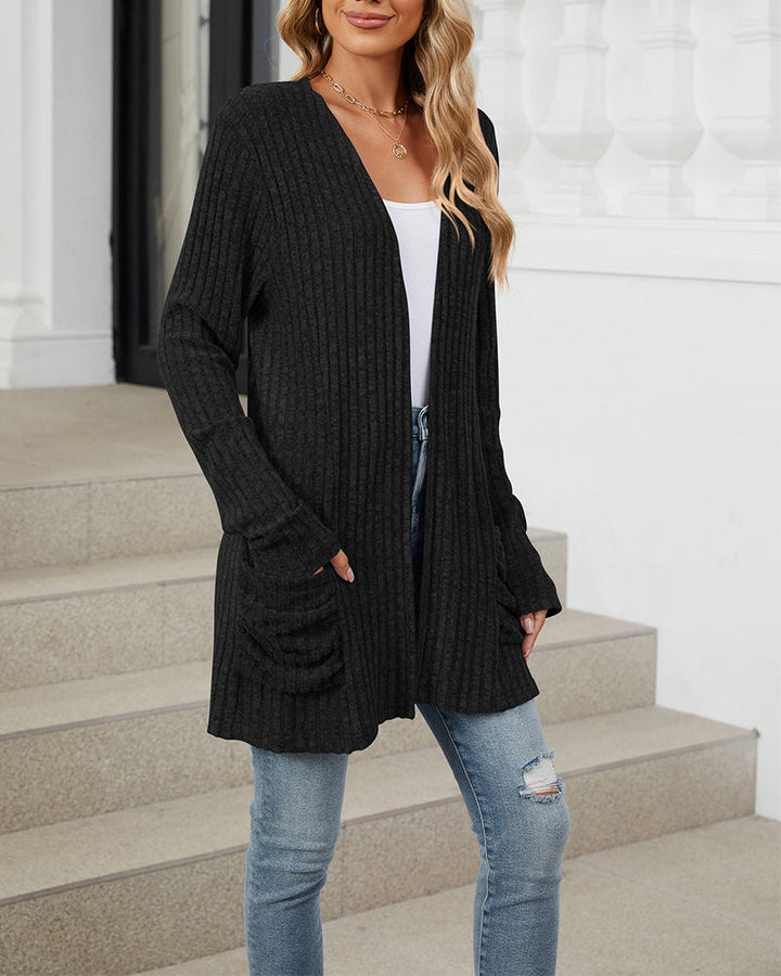 Cardigan décontracté à manches longues et poches de couleur unie