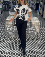 T-shirt décontracté à col rond et imprimé floral