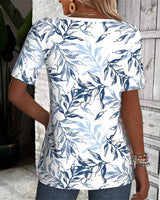 T-Shirt Col En V Manches Courtes Imprimé Feuilles De Bambou