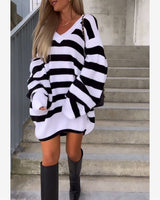 Robe pull décontractée en tricot à rayures contrastées et col en V