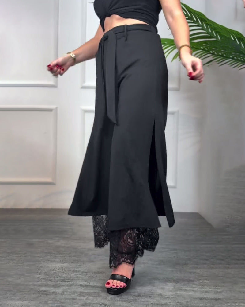 Pantalon À Fente Avec Bordure En Dentelle