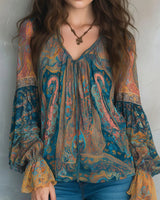 Blouse À Col V De Style Bohème À Manches Évasées
