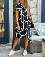 Robe midi imprimée à manches courtes et ligne de revers