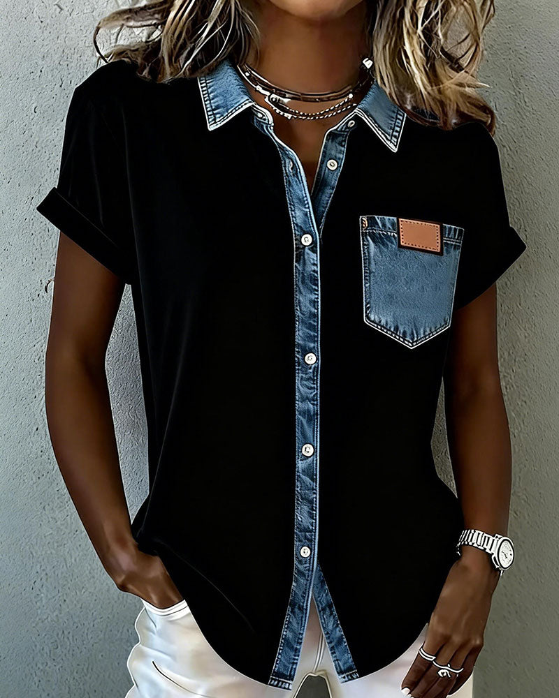 T-Shirt Denim Patchwork Col Retourné