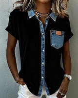 T-Shirt Denim Patchwork Col Retourné