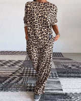 Ensemble décontracté à imprimé léopard avec haut ras du cou et poche, pantalon à jambe large