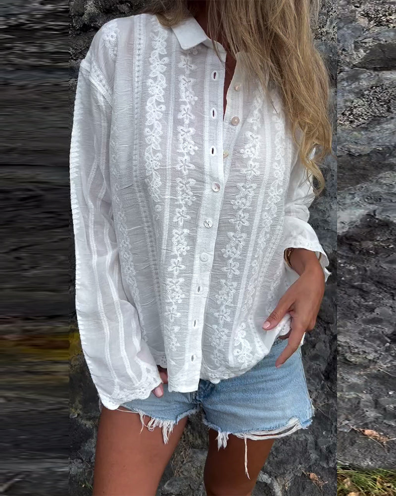 Chemise Brodée Creuse Col Polo Décontractée