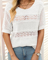 Pull À Manches Courtes En Maille Crochetée Ajourée Et Col Rond Pour Femmes