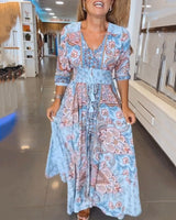 Robe de vacances à col en V et manches 3/4