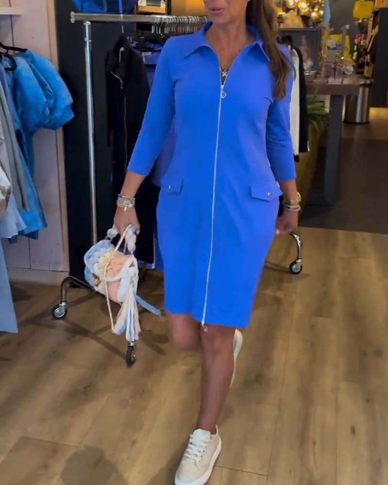 Robe Col Unie Fermeture Éclair Manches Longues