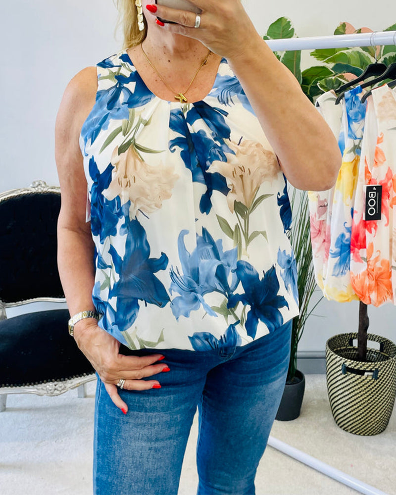 Débardeur Sans Manches Fleuri Plissé