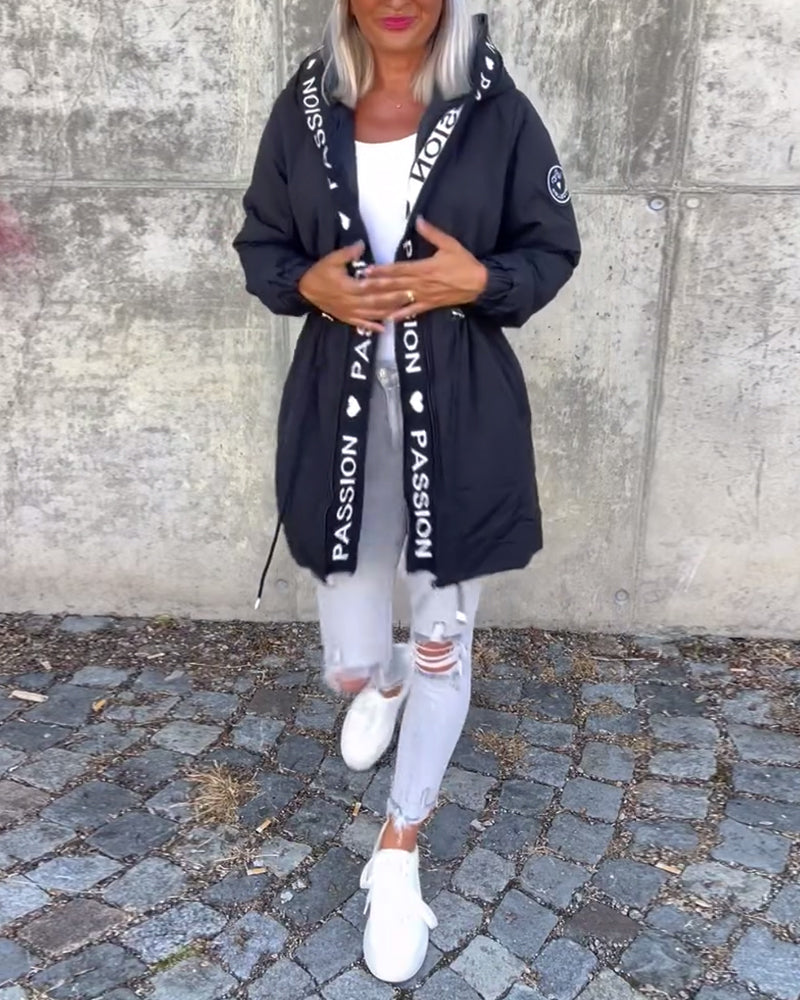 Manteau à capuche décontracté avec cordon de serrage et imprimé lettre