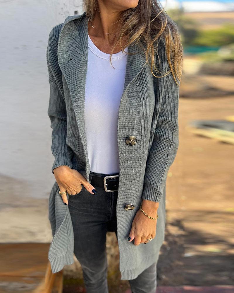 Cardigan décontracté à capuche avec poche boutonnée de couleur unie