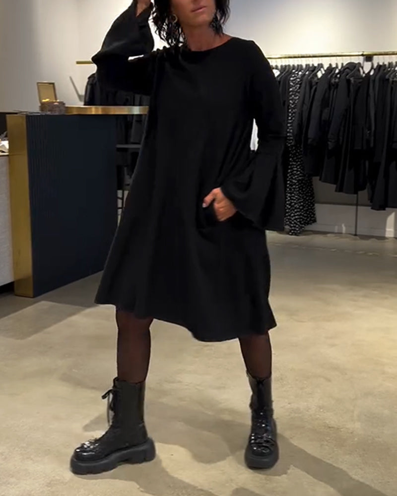 Robe Uni Manche Évasée Froncé