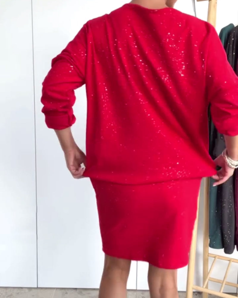 Robe Col Rond Paillettes Fines À La Mode
