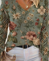 Pull Jacquard Col V Ajouré Manches Longues