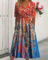Robe de villégiature imprimée avec poches et col en V