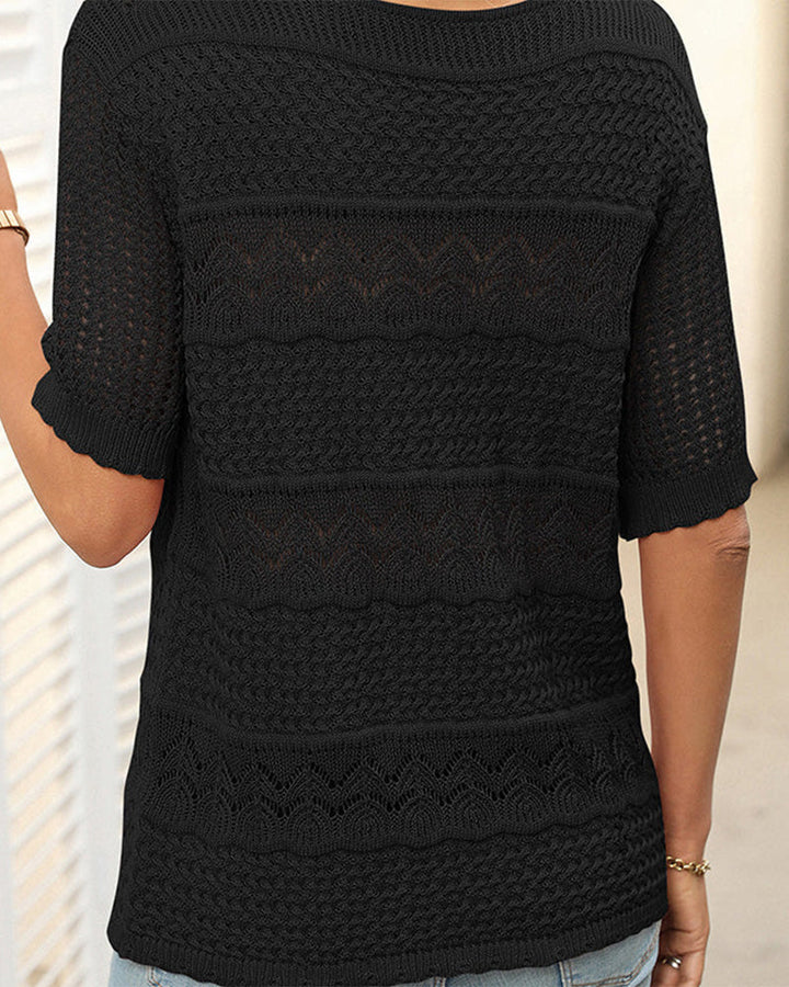 Pull À Manches Courtes En Maille Crochetée Ajourée Et Col Rond Pour Femmes