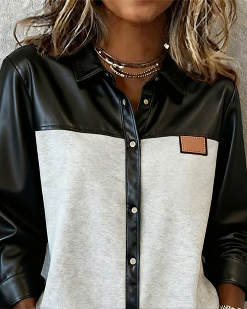 Chemise En Cuir Patchwork À Revers