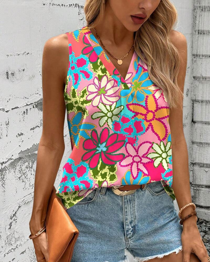 Gilet Col V Imprimé Fleuri Sans Manches
