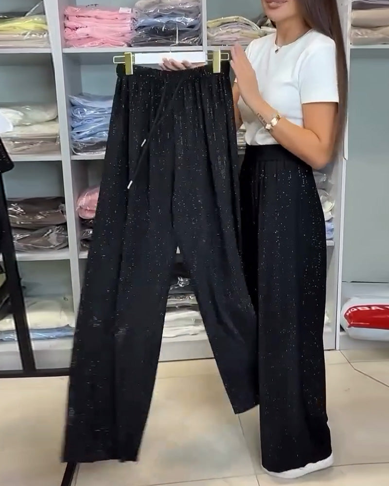 Pantalon Élégant Haute Taille Brillant Large Jambe