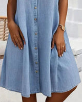 Robe Manches Courtes Col Solide Bouton