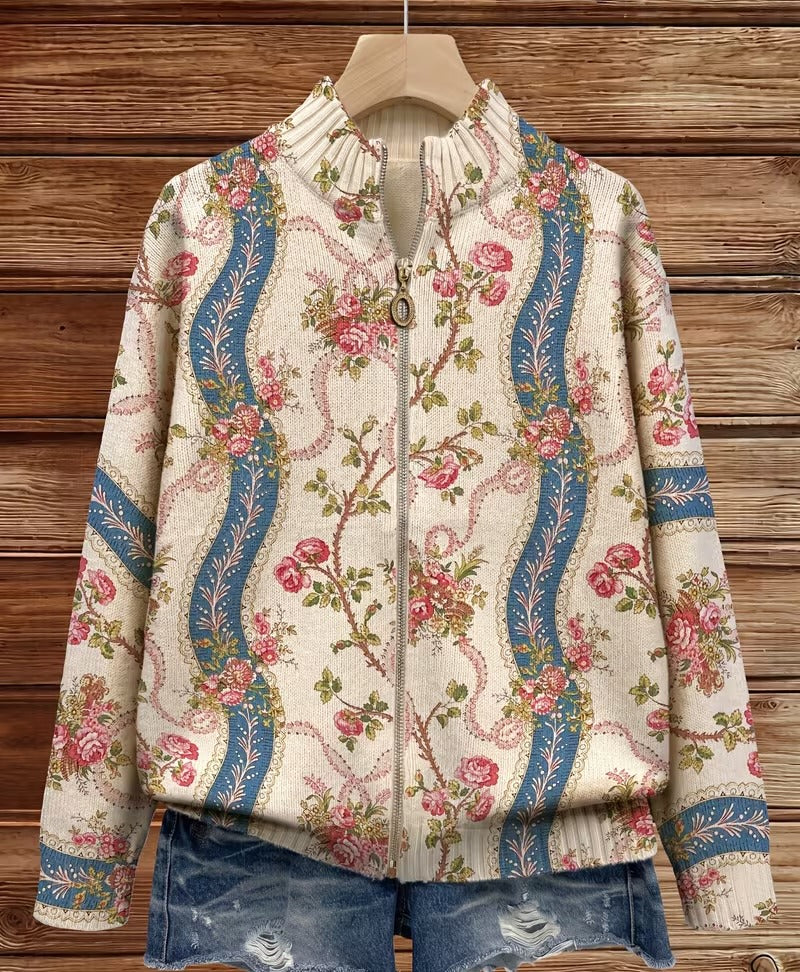 Camille - Cardigan zippé à imprimé roses grimpantes