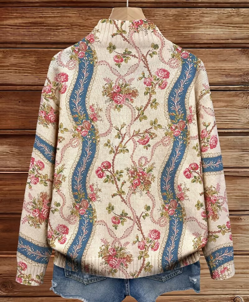 Camille - Cardigan zippé à imprimé roses grimpantes