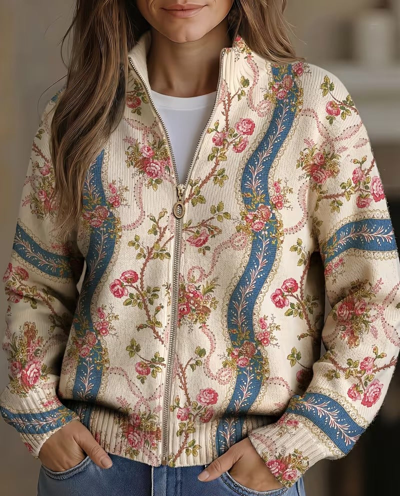 Camille - Cardigan zippé à imprimé roses grimpantes