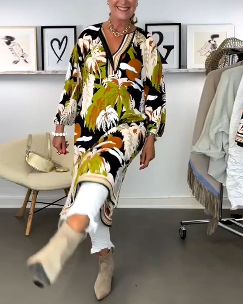 Robe à col en V imprimée noix de coco