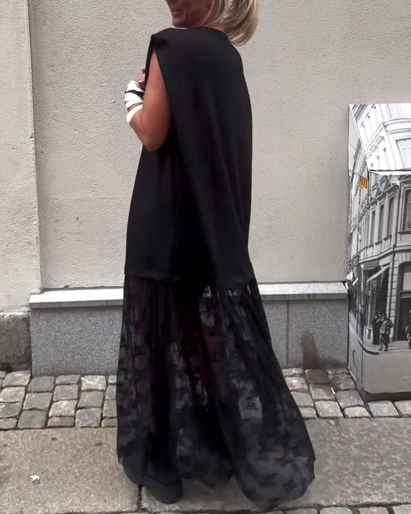 Robe sans Manches en Mesh et Patchwork
