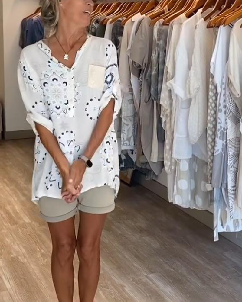 Blouse Polyvalente Col En V Imprimée Manches Mi-Longues