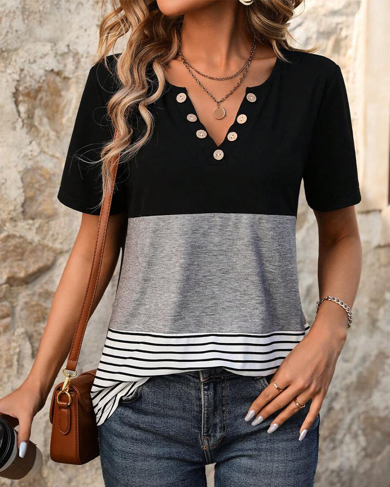 T-Shirt Casual Rayé Couleur Contrastée