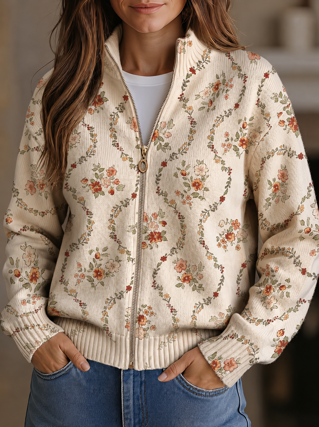 Danielle - Cardigan zippé à imprimé floral crème