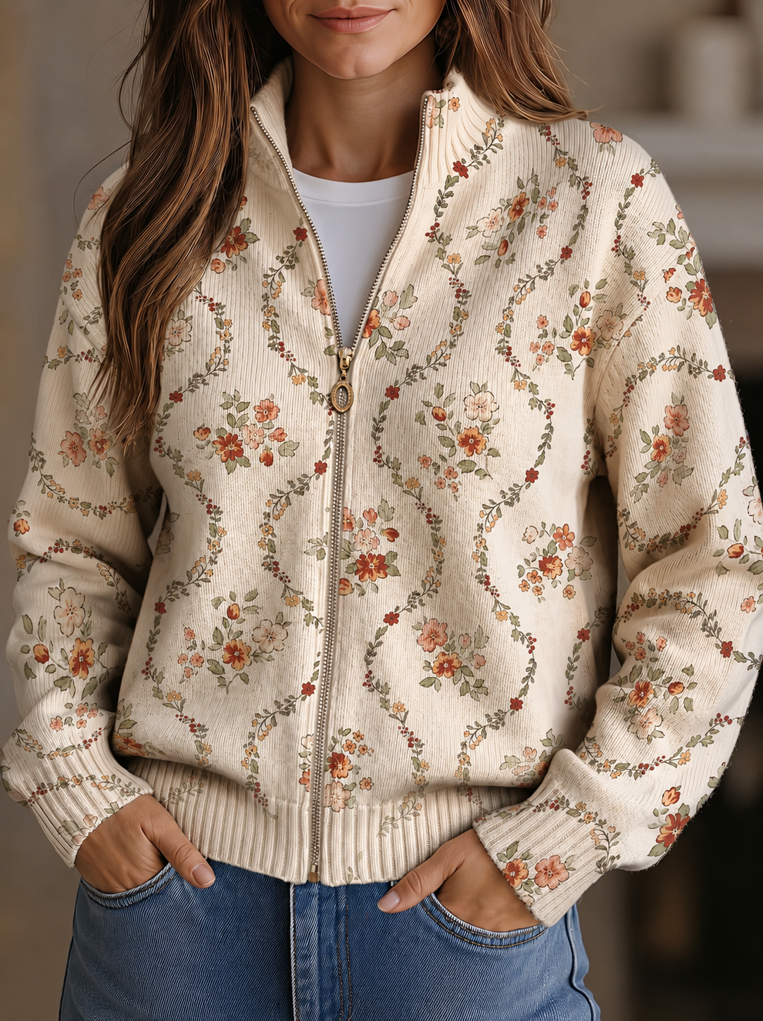 Danielle - Cardigan zippé à imprimé floral crème