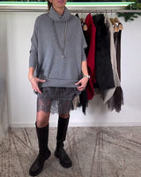 Robe Costume en Dentelle Maille avec Bretelles Col Haut Manches Chauve-Souris